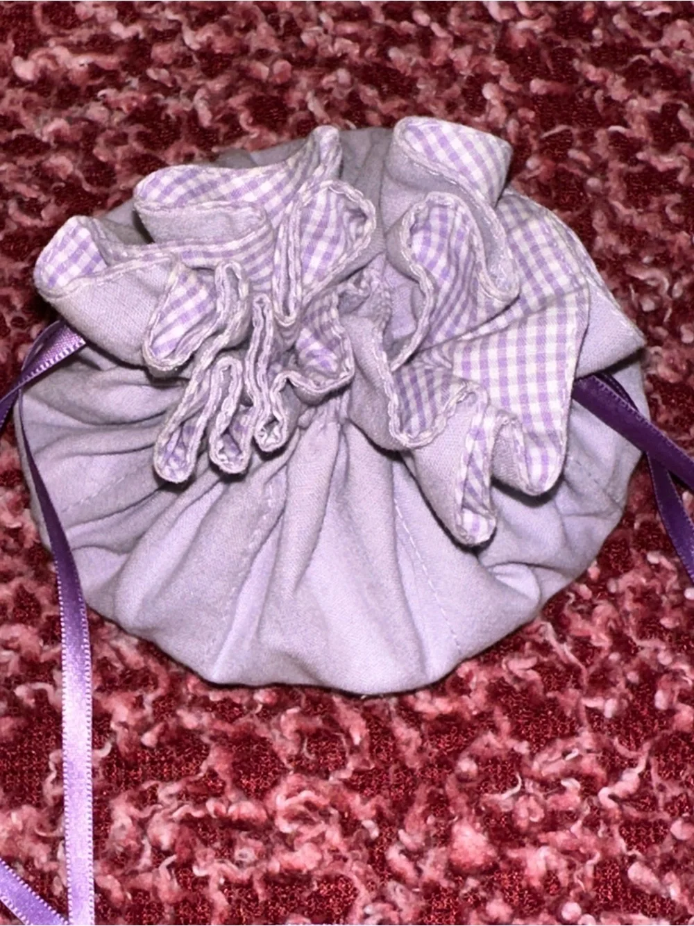 Vintage Purple Gingham Fabric Drawstring Travel Jewelry Pouch & Organizer